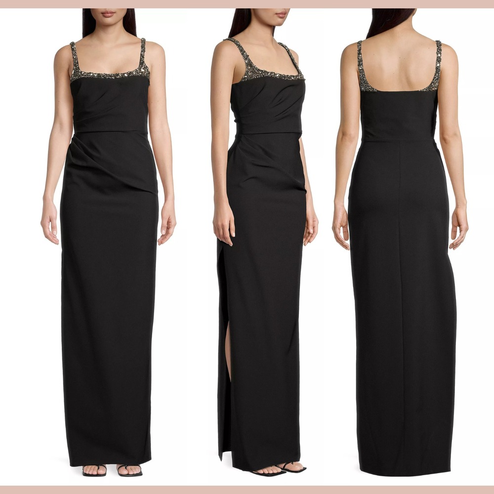 NWT $995 Sachin &‎ Babi [ 14 ] Sam Square Beaded Crepe Column Gown Black #S1821